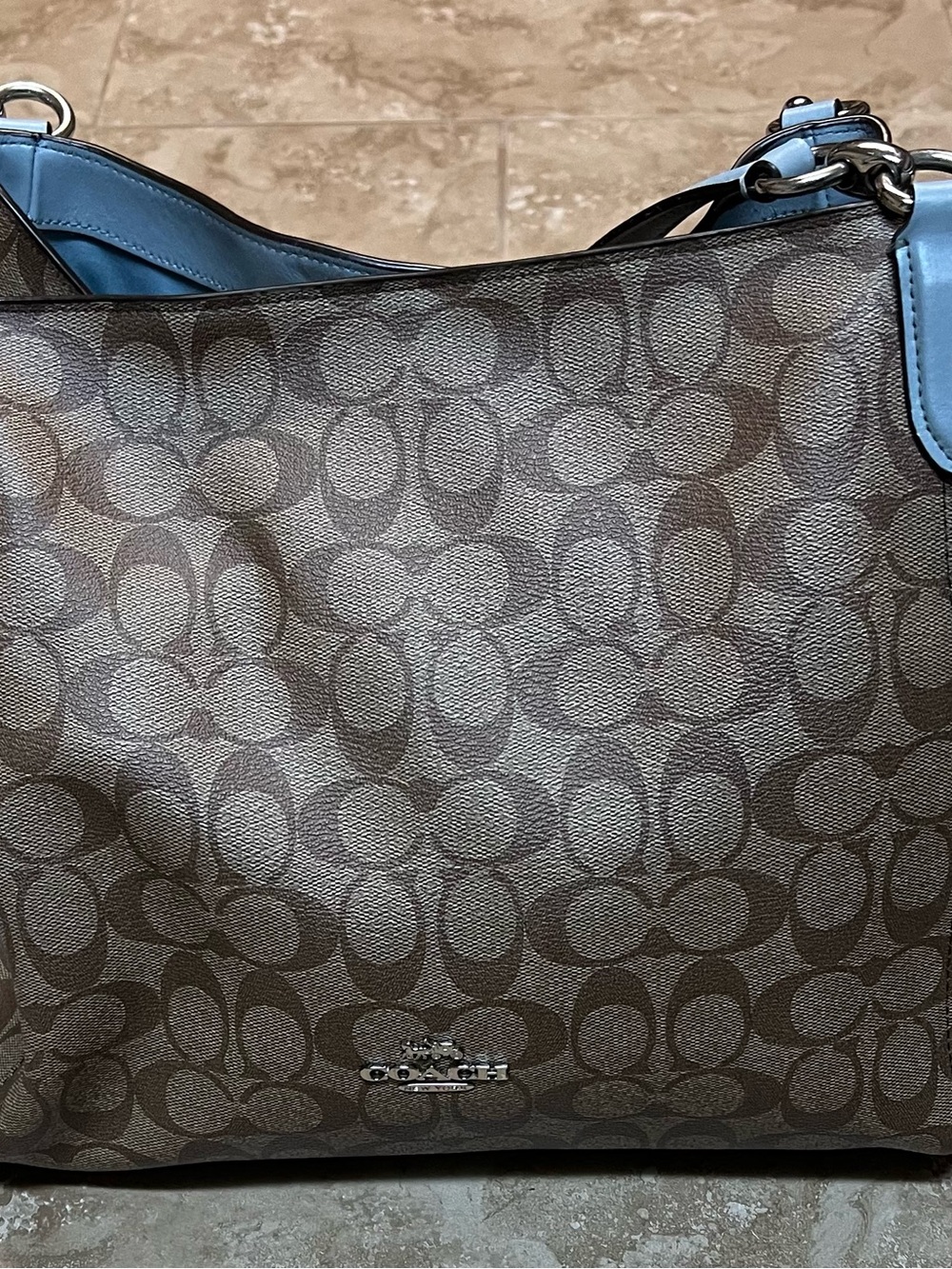 Coach Brown Signature Shoulder Bag with Blue Trim